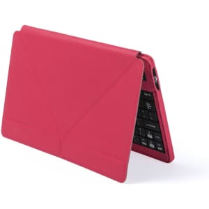 A pink keyboard holder with a sleek design, featuring a black keyboard and a protective cover.