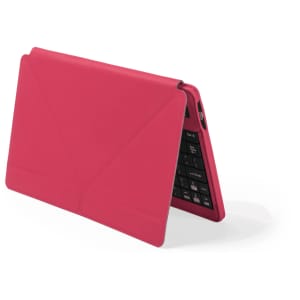 A pink Tyrell Keyboard Holder displaying a keyboard and a protective cover, set at an angle.