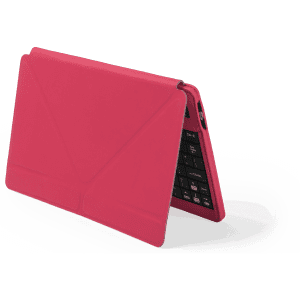 A pink keyboard holder with a foldable design and a black keyboard, featuring a sleek and modern appearance.