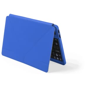 A blue keyboard holder with a protective cover, featuring a black keyboard and a sleek design.
