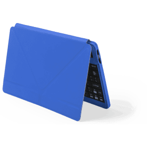 A blue keyboard holder with a sleek design, featuring a smooth exterior and a slot for a device.