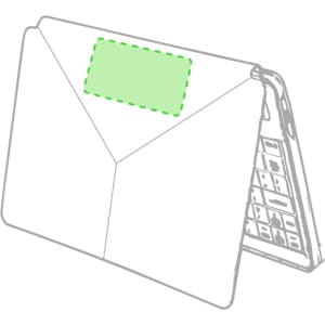 A keyboard holder for devices, featuring a green outlined area on a compact, angled design. Includes branding.