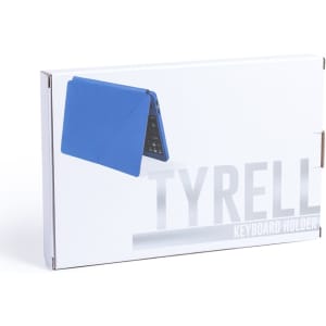 A blue keyboard holder in its packaging, featuring a logo and a sleek design. The box is predominantly white.
