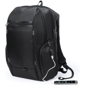 A sleek black backpack with multiple compartments and a charging port, featuring a logo.