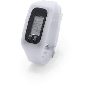A white digital watch with a black display, featuring a simple design and a logo on the strap.