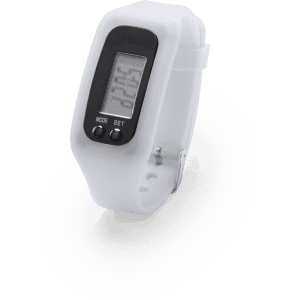 A white digital watch featuring a black display and buttons, with a simple and modern design.