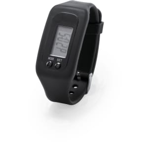 A digital watch with a black silicone strap and a rectangular display. It features a logo on the band.