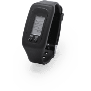A black digital watch with a rectangular screen and buttons for mode and setting. It features a rubber strap and has a logo.