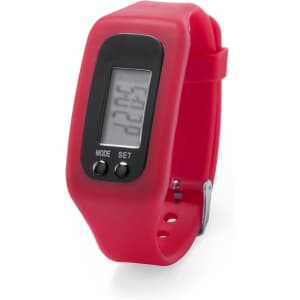 A red digital watch with a silicone strap and a simple display, featuring buttons for mode and set.