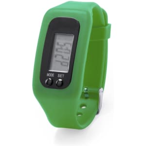 A vibrant green digital watch featuring a black face and a silicone strap, equipped with a display screen and buttons.