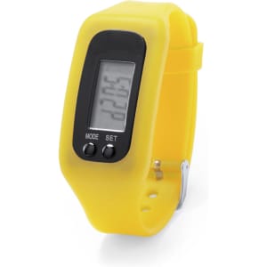 A digital watch with a yellow silicone strap and black face, featuring buttons for mode and set.