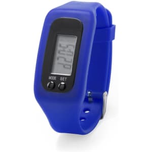 A blue digital wristwatch with a silicone strap and a rectangular display, featuring mode and set buttons.