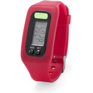 A red digital watch featuring a black face, with buttons for mode and set functions. It has a silicone strap.