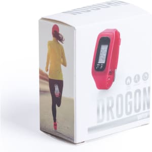 A pink watch in a box featuring a runner on the side, with a digital display and a logo.