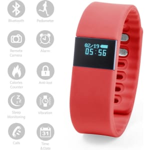 A red fitness bracelet with a digital display and various buttons, featuring a logo.