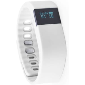 A white smart bracelet with a digital display, featuring a sleek design and a logo on the side.