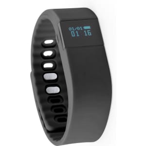 A black smart bracelet featuring a digital display, showcasing a sleek and modern design with a logo.