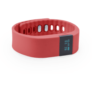 A red smart bracelet with a digital display and a sleek design, featuring a logo on the side.