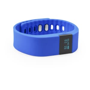 A blue smart bracelet with a digital display and a sleek design. It features a logo on the band.