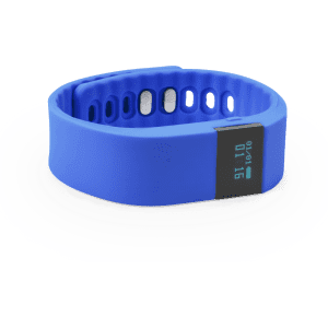 A blue smart bracelet features a display and has a flexible band with circular holes for adjustment.