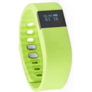 A green smart bracelet featuring a digital display and ventilation holes, with a logo on the surface.