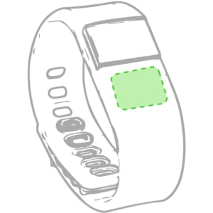 A smartwatch in white with a rectangular screen and multiple buttons, featuring a highlighted green area.