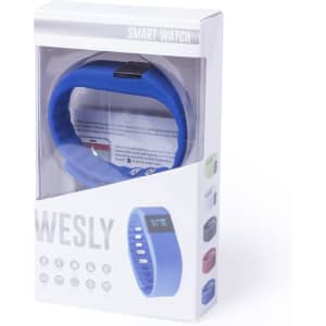 A blue smart bracelet in a clear display box, featuring icons and a branding logo.