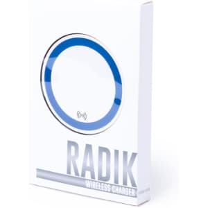 A wireless charger in a sleek white box with a blue circular design and a logo.