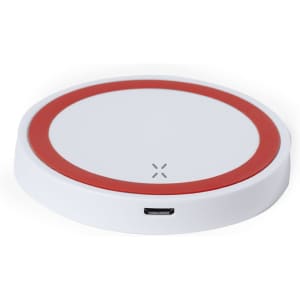 A wireless charger in white and red, featuring a circular design with a logo and a USB port.