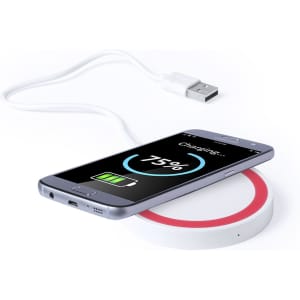 A wireless charger in white and red with a smartphone on top displaying a charging status of 75%.