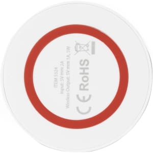 A round wireless charger in white with a red circular accent and a central logo.