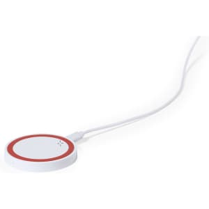 A wireless charger in white with a red circular accent and a connecting cable. It features a logo on the surface.