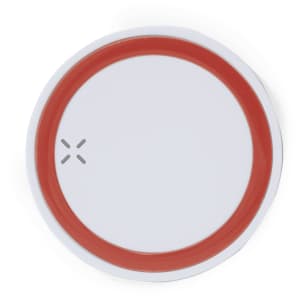 A round wireless charger in white with a red border. It features a logo on the surface.