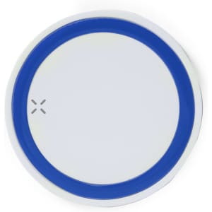 A round wireless charger in white with a blue border. It features a branding logo on the surface.
