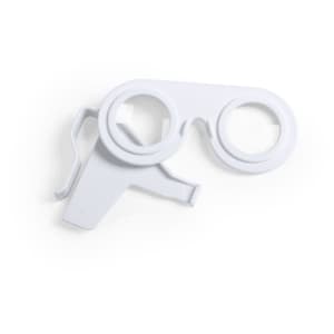 A pair of white virtual reality glasses with adjustable features and a simplistic design.