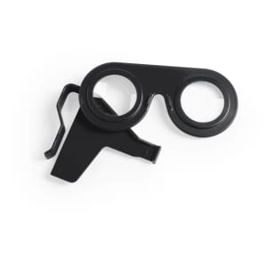 A pair of black virtual reality glasses with a clip attachment, resting on a white background.