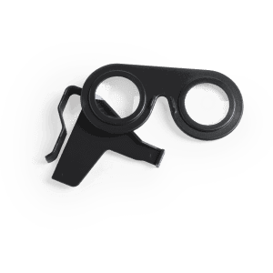 A pair of black virtual reality glasses with a clip for attachment. The design is sleek and modern.