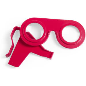 A pair of bright red virtual reality glasses with a distinctive design and a logo on one side.