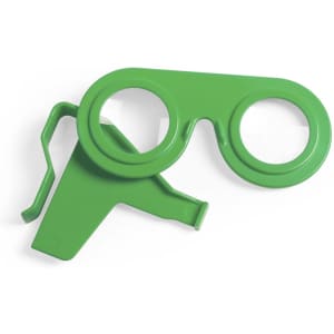 A pair of green virtual reality glasses with circular lenses and a side clip.
