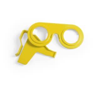 A pair of yellow virtual reality glasses with a distinctive design, featuring round lenses and a unique frame.