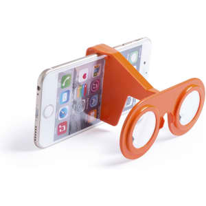 An orange virtual reality headset stands in front of a smartphone, showcasing its lenses and design.