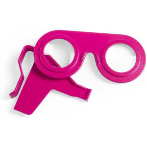 A pair of vibrant pink virtual reality glasses with two circular lenses and a side attachment.