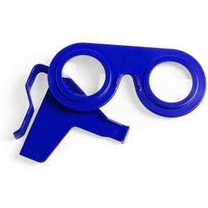 A pair of blue virtual reality glasses with two lenses and a unique frame design, featuring a logo.