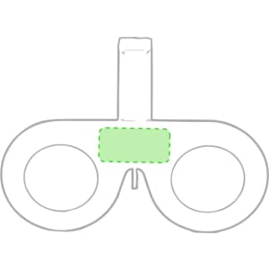 A pair of white virtual reality glasses featuring circular lenses and a central nozzle. The design includes a branding logo.