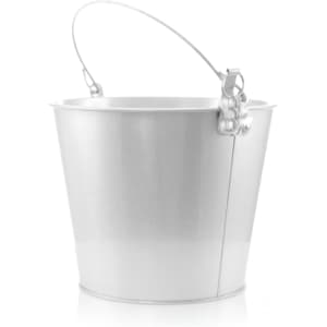 A white metal bucket with a handle, suitable for leisure and outdoor activities. It has a sleek, shiny finish.