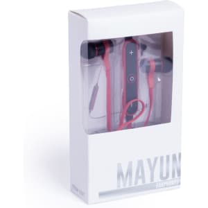 Red Mayun earphones in a white box with a transparent window, featuring a control panel and a logo.