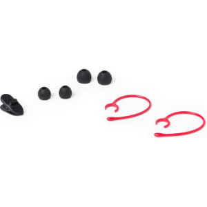 A set of Mayun earphones with black earbuds and red ear hooks, accompanied by additional black ear tips.