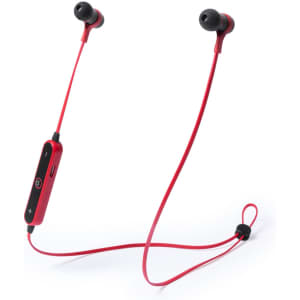 Red Mayun earphones with a control module and wireless design. Features black ear tips and a sleek, modern look.
