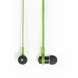 Earphones featuring a black and vibrant green design, with a slim profile and a logo on the connector.