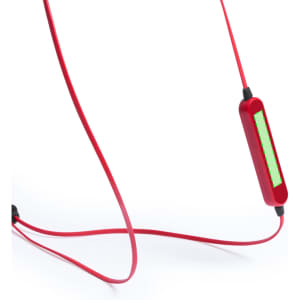 Red Mayun Earphones with a rectangular control module and flexible cables, featuring a logo on the module.